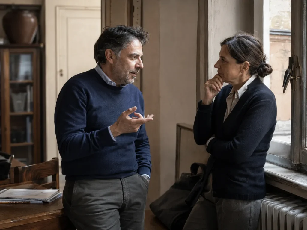 Due persone conversano accanto a una finestra